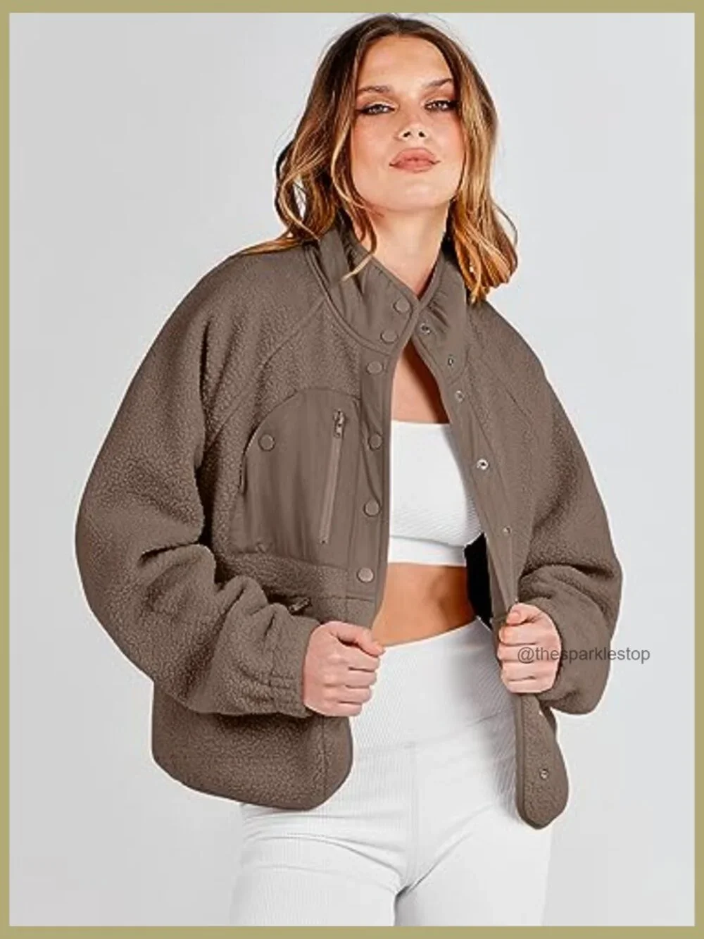 Fuzzy Fleece Cropped Sherpa Jacket with Pockets - Picture 2 of 7